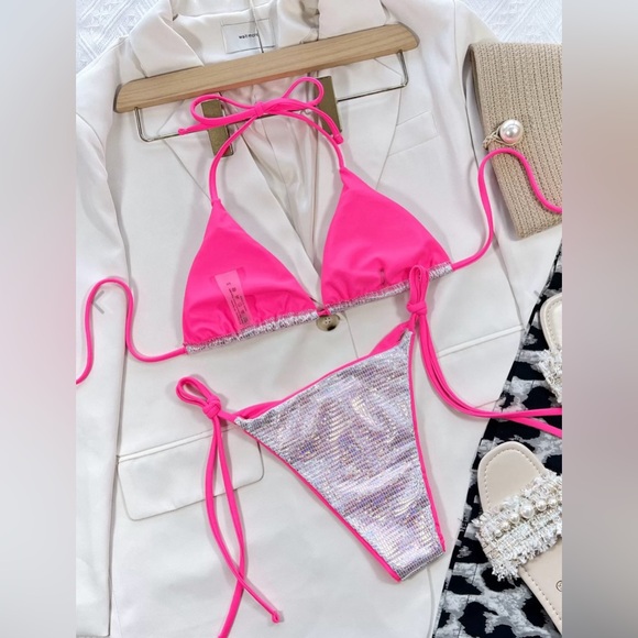 Solid Glitter Tie Bow Bikini Set....Color:
Silver....Swimwear - Picture 4 of 4